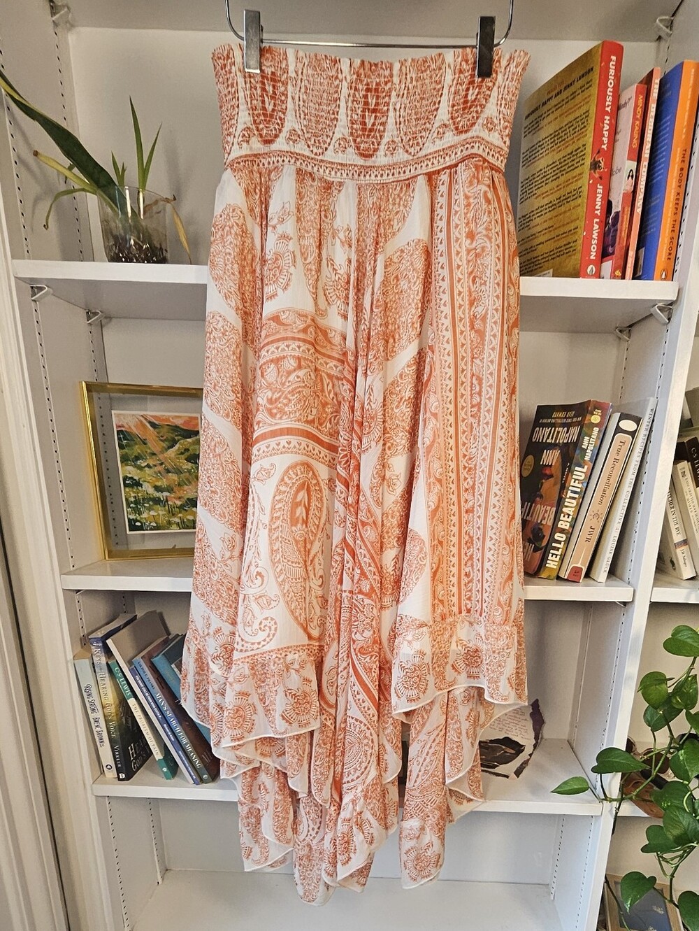 Paisley Midi Skirt Orange White Size Large Boho Beach Summer Asymmetrical - Picture 2 of 8